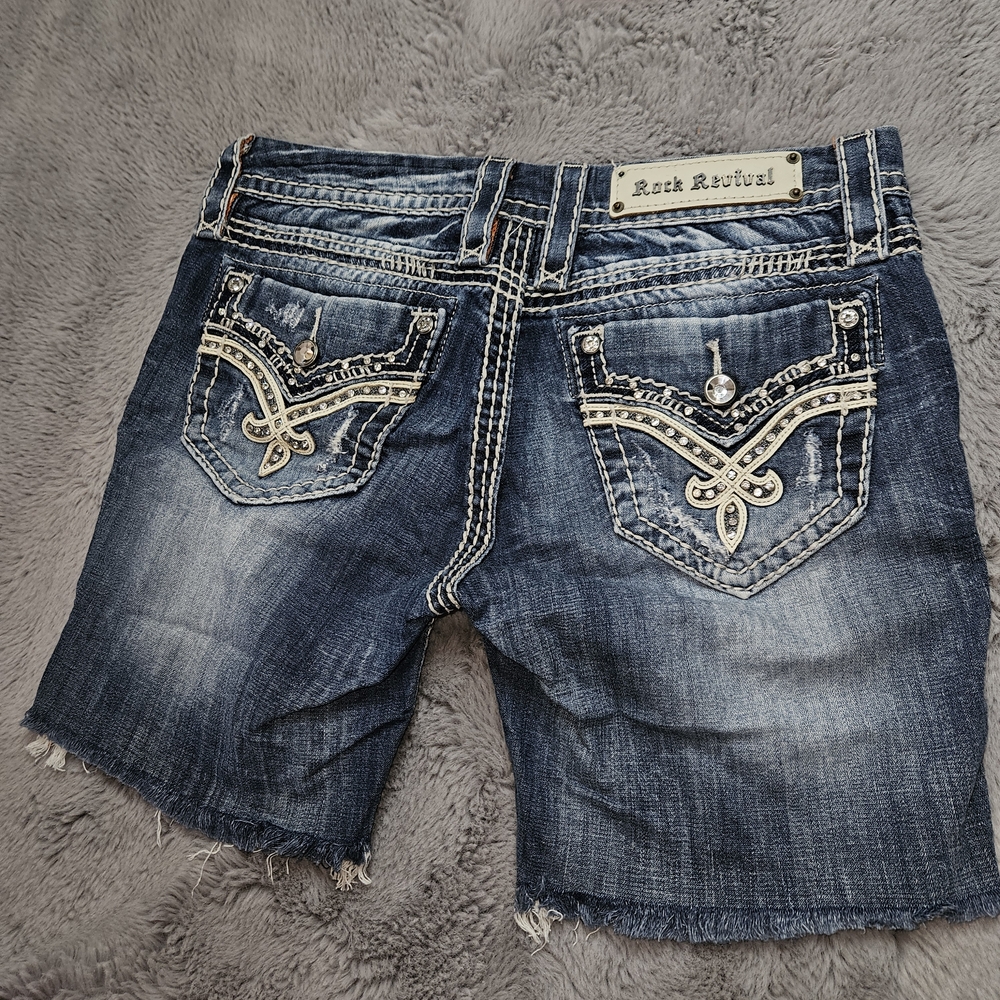 Rock Revival Blue Distressed Denim Shorts Cutoffs Bling Pockets Size 29 - Picture 10 of 13